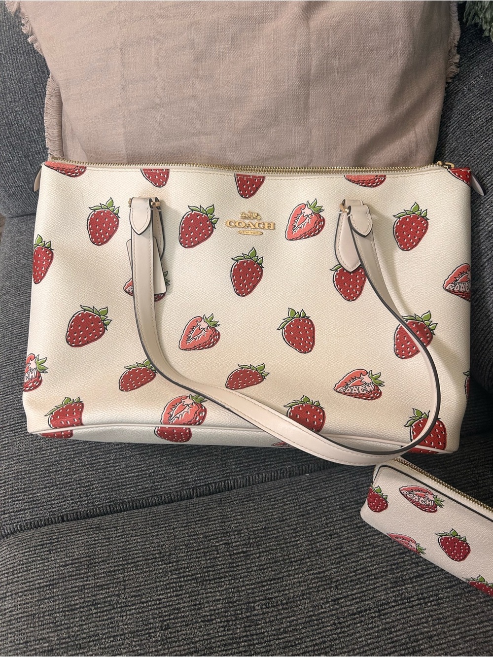 COACH Strawberry Print Cream Leather Tote with Wristlet